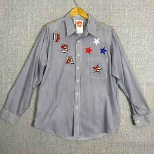 VTG Get Lucky USA Striped Shirt Patriotic Star Button Down Blue Sz L Embellished